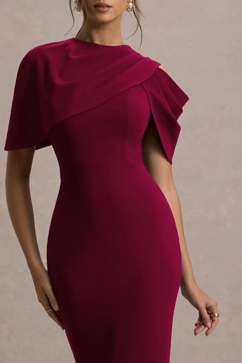 Dorothea | Vestido Midi Drapeado con Capa en color frambuesa - Imagen 7