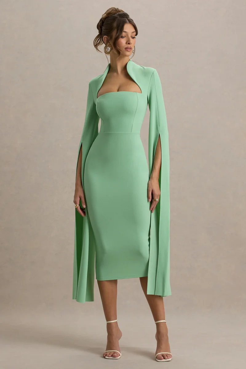 Linden | Vestido Midi Ajustado Verde Claro con Mangas Capa - Imagen 4