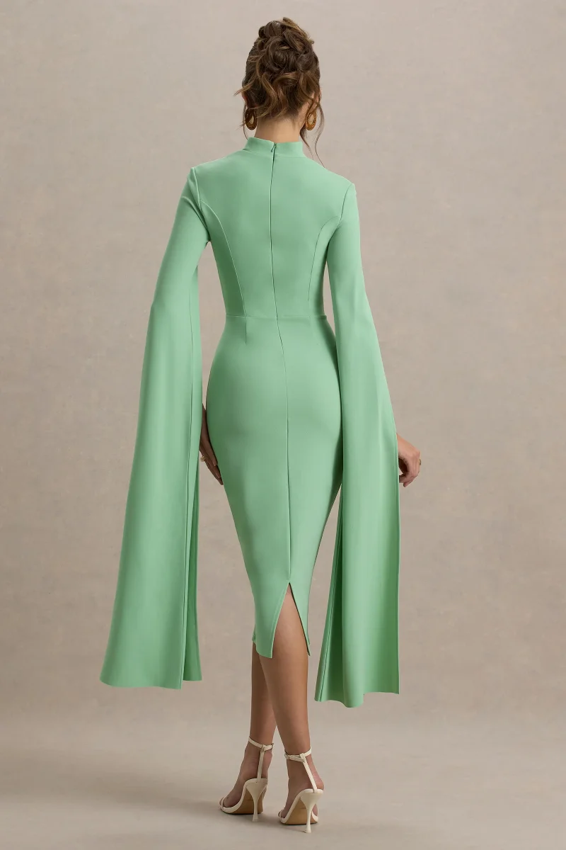 Linden | Vestido Midi Ajustado Verde Claro con Mangas Capa - Imagen 3