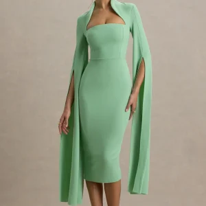 Linden | Vestido Midi Ajustado Verde Claro con Mangas Capa