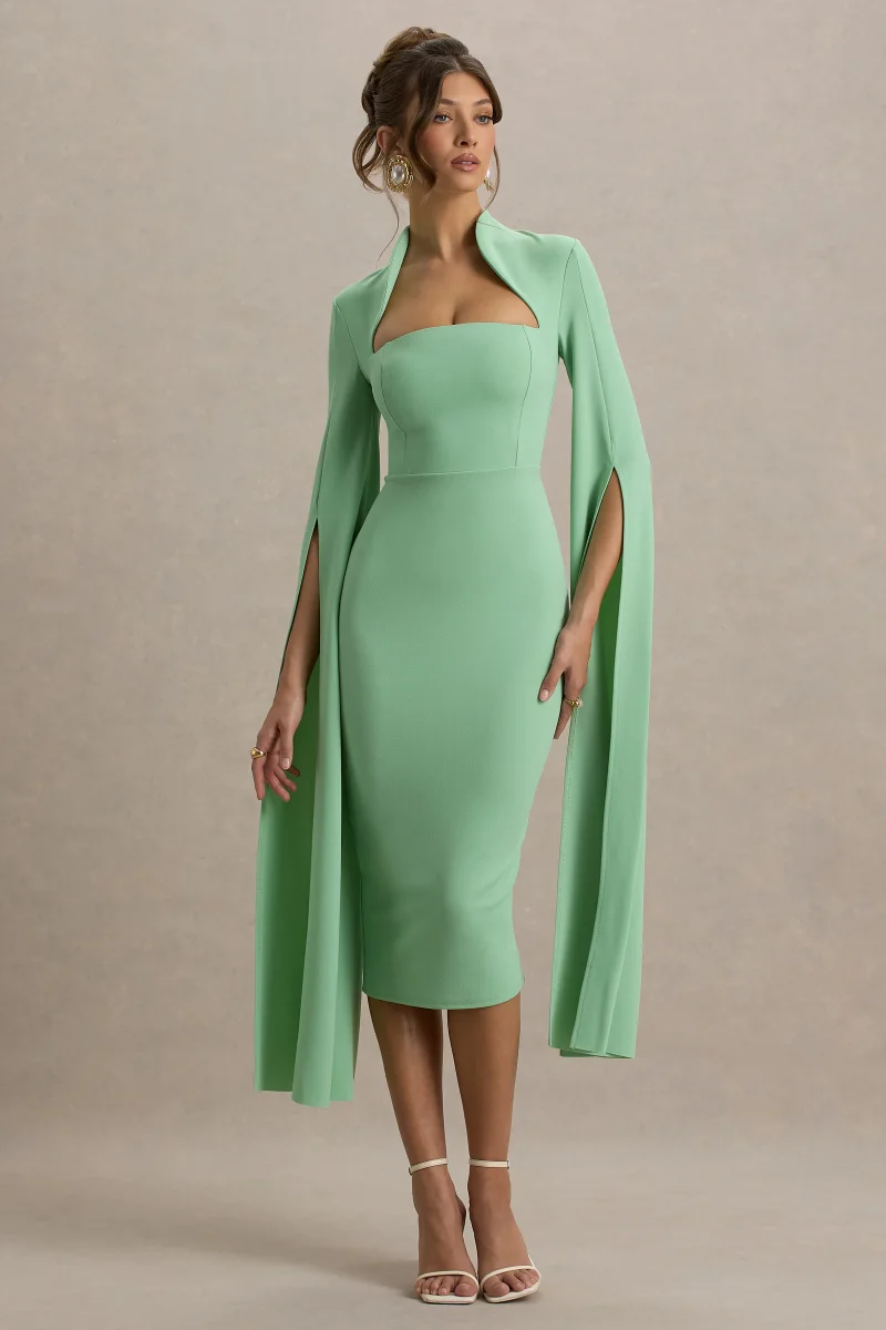 Linden | Vestido Midi Ajustado Verde Claro con Mangas Capa