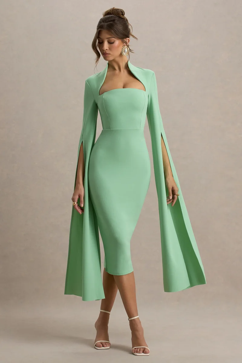 Linden | Vestido Midi Ajustado Verde Claro con Mangas Capa - Imagen 6