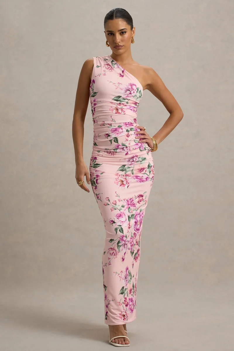Dalarie | Vestido largo fruncido con escote asimétrico y estampado floral - Imagen 4