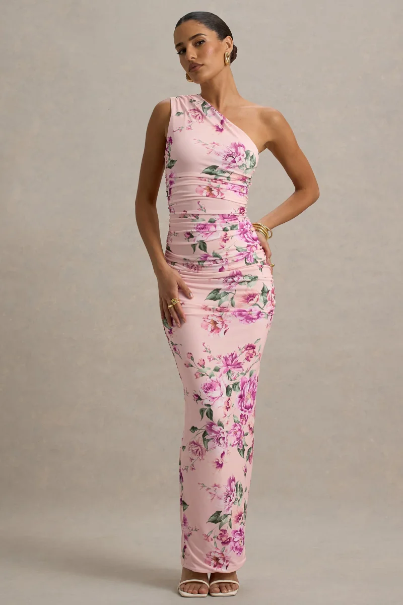 Dalarie | Vestido largo fruncido con escote asimétrico y estampado floral - Imagen 7