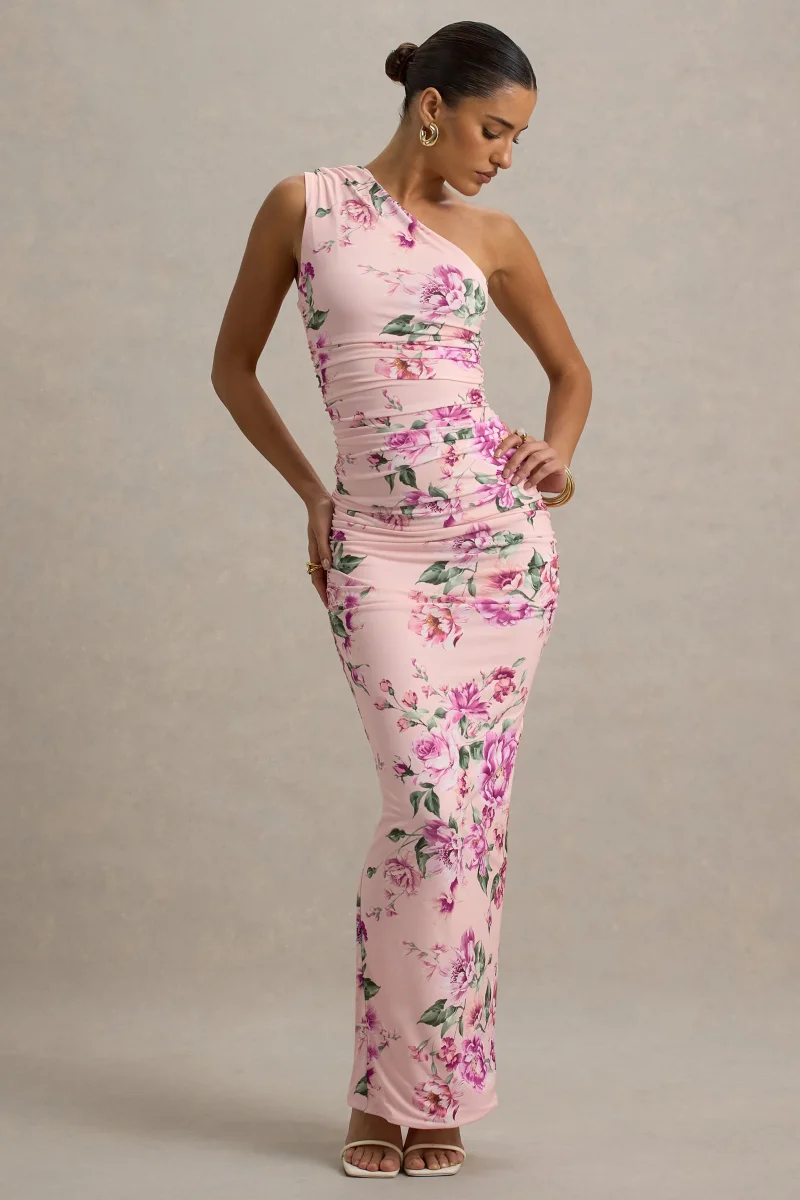 Dalarie | Vestido largo fruncido con escote asimétrico y estampado floral - Imagen 8