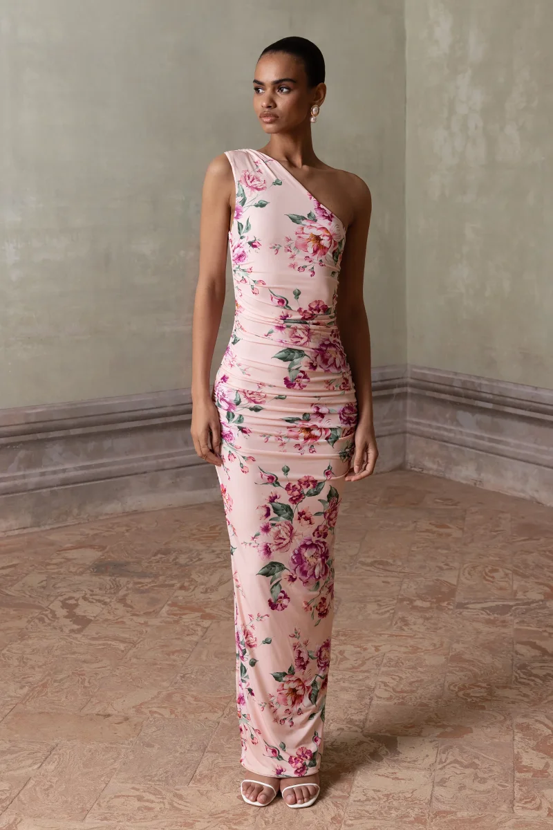 Dalarie | Vestido largo fruncido con escote asimétrico y estampado floral