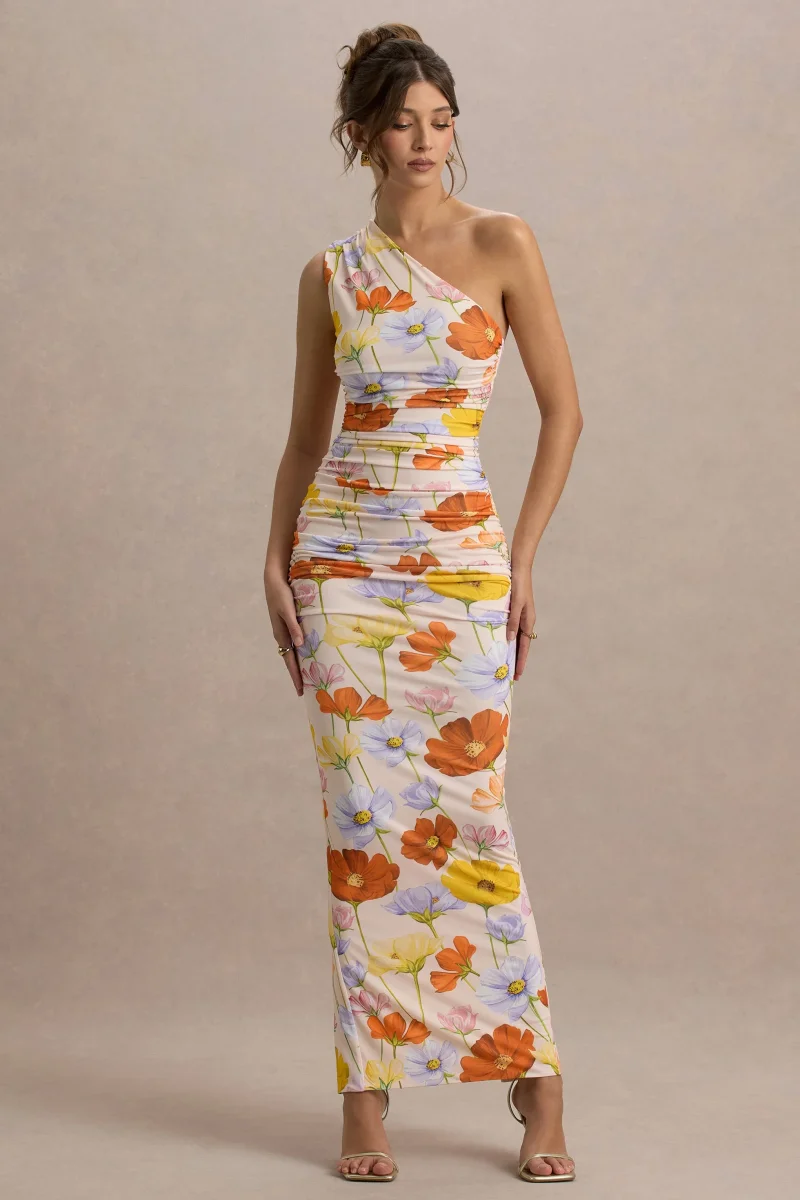 Dalarie | Vestido Largo Asimétrico de Un Hombro con Estampado Floral y Fruncido - Imagen 4