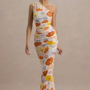 Dalarie | Vestido Largo Asimétrico de Un Hombro con Estampado Floral y Fruncido