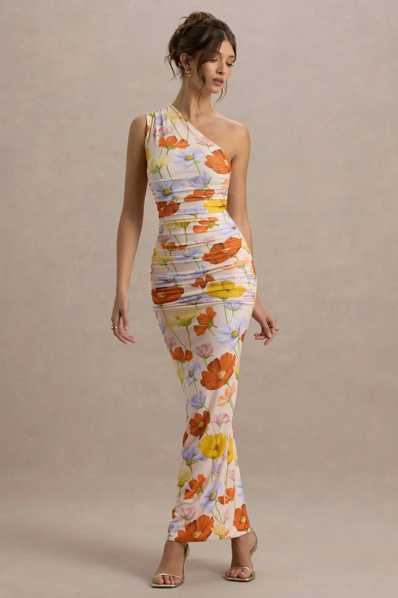 Dalarie | Vestido Largo Asimétrico de Un Hombro con Estampado Floral y Fruncido