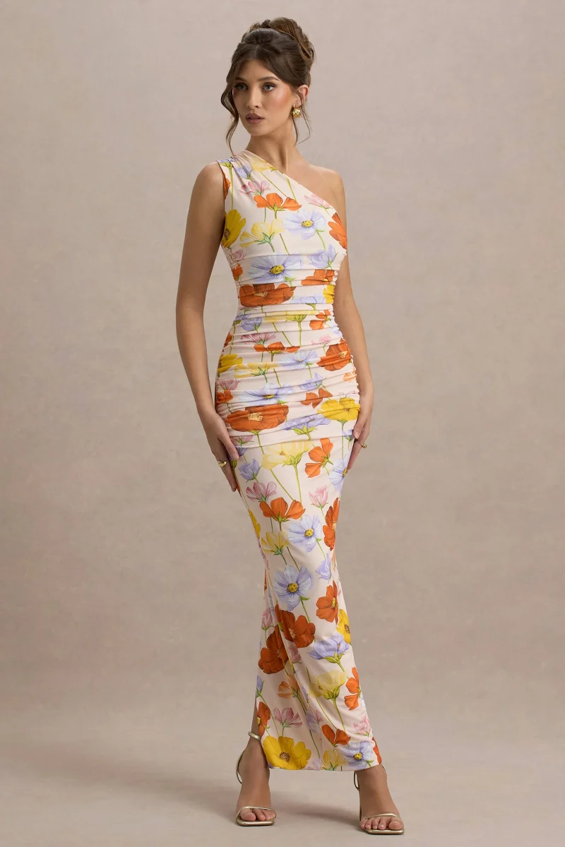 Dalarie | Vestido Largo Asimétrico de Un Hombro con Estampado Floral y Fruncido - Imagen 5