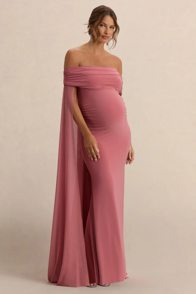 Carlotta | Vestido largo de maternidad en rosa con capa de chifón trasera - Imagen 6