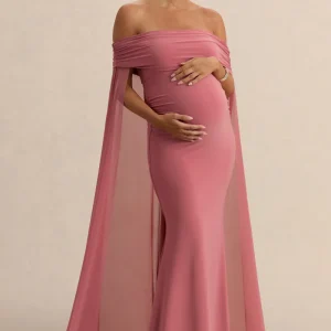 Carlotta | Vestido largo de maternidad en rosa con capa de chifón trasera