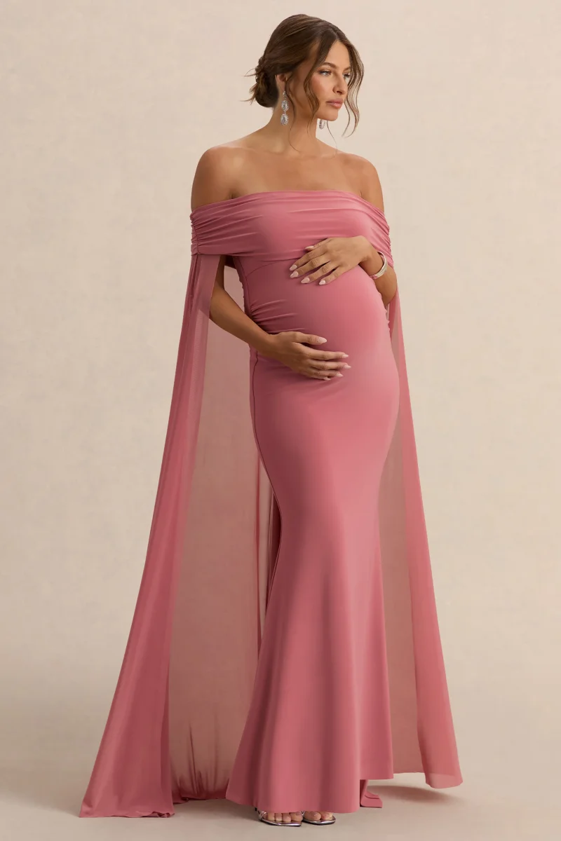 Carlotta | Vestido largo de maternidad en rosa con capa de chifón trasera