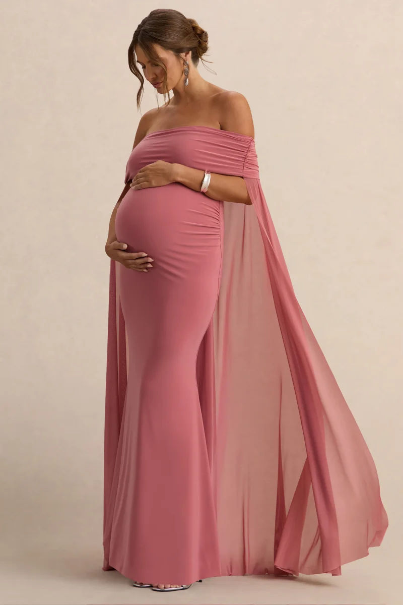 Carlotta | Vestido largo de maternidad en rosa con capa de chifón trasera - Imagen 5