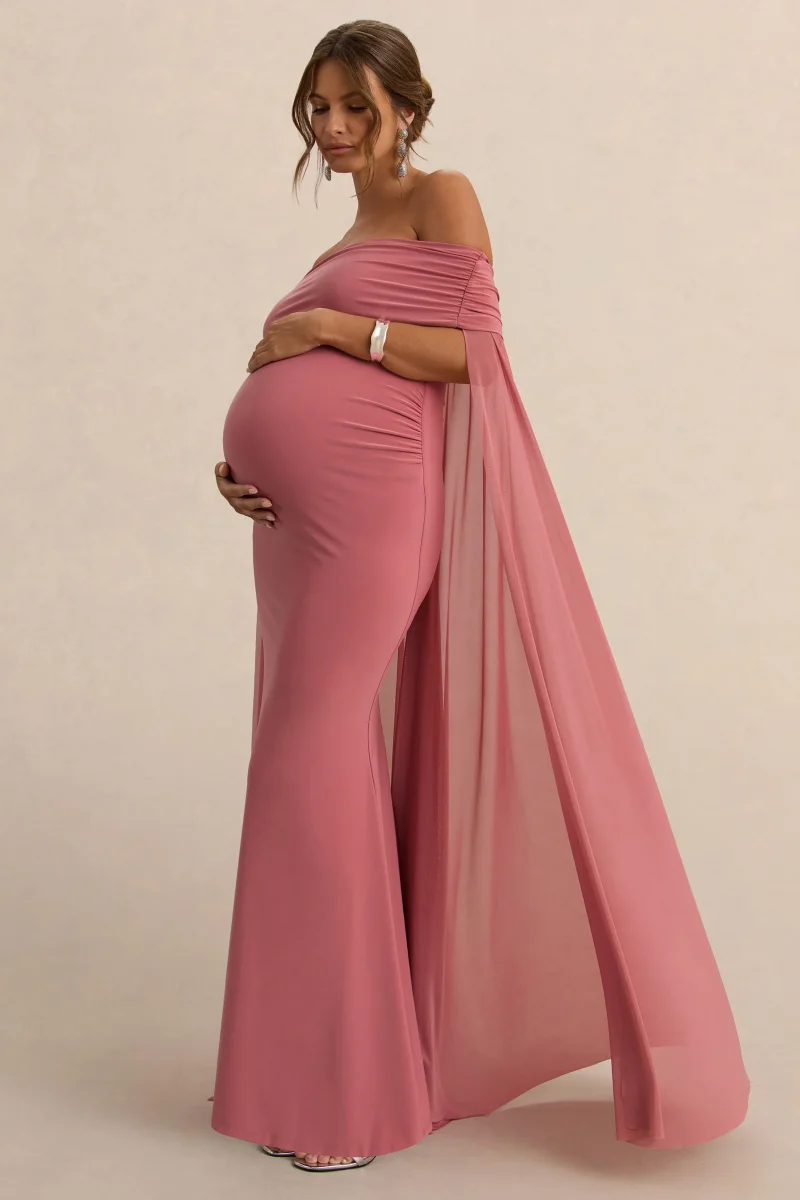 Carlotta | Vestido largo de maternidad en rosa con capa de chifón trasera - Imagen 7