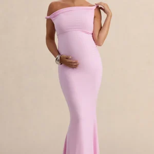 Lita | Vestido largo de premamá Rosa con Escote Asimétrico Torcido