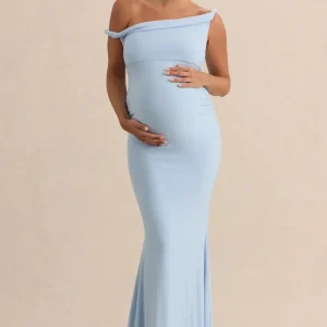 Lita | Vestido premamá Azul bebé con Escote Asimétrico Torcido
