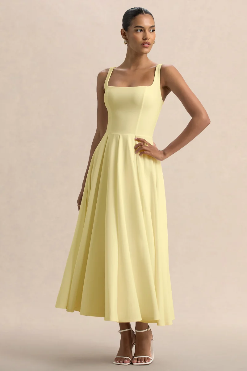 Parina | Vestido Midi Color Limón Con Tirantes Y Falda Con Volumen - Imagen 5
