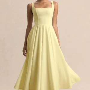 Parina | Vestido Midi Color Limón Con Tirantes Y Falda Con Volumen