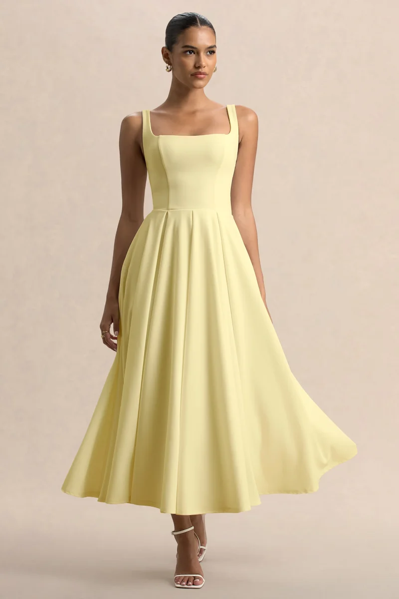 Parina | Vestido Midi Color Limón Con Tirantes Y Falda Con Volumen - Imagen 2