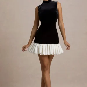 Baxter | Vestido corto de Terciopelo Negro y Blanco con Borde de volante
