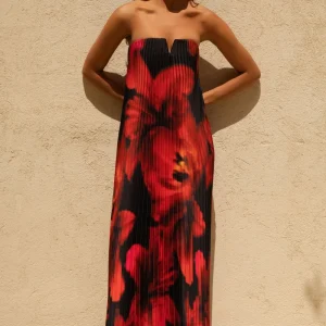 Bergamot | Vestido largo plisado con escote en v y detalle floral negro y rojo