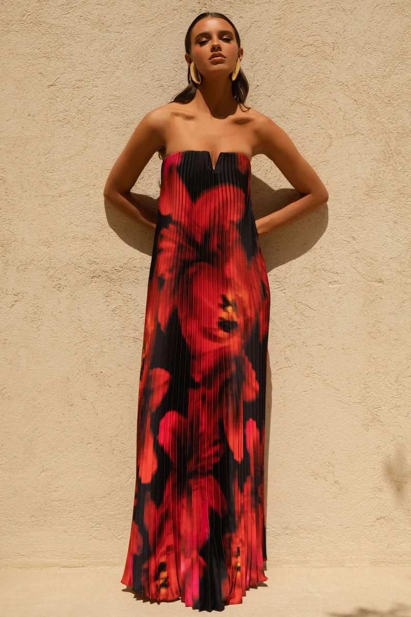 Bergamot | Vestido largo plisado con escote en v y detalle floral negro y rojo