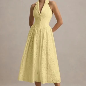 Jezebel | Vestido Midi Amarillo De Broidery Premium con Cuello Halter y Cuello