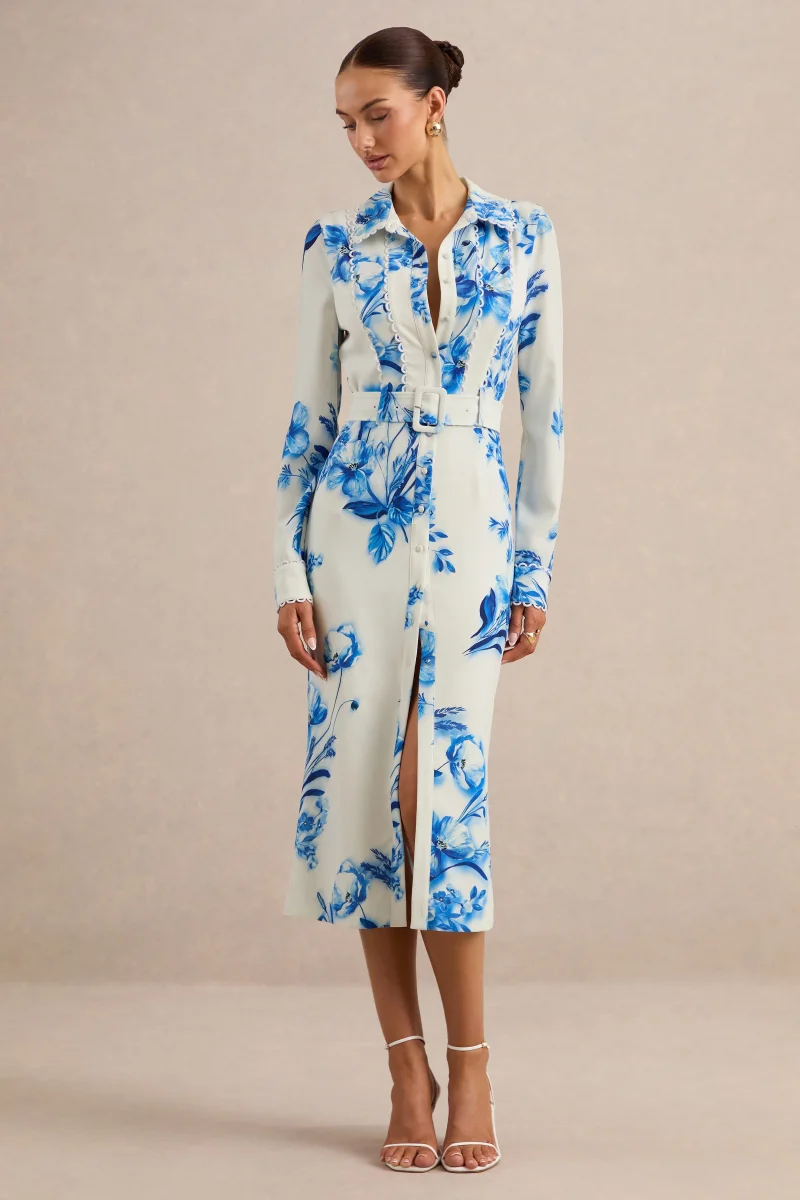 Zephy | Vestido Midi Azul De Estampado Floral Con Cinturón - Imagen 4