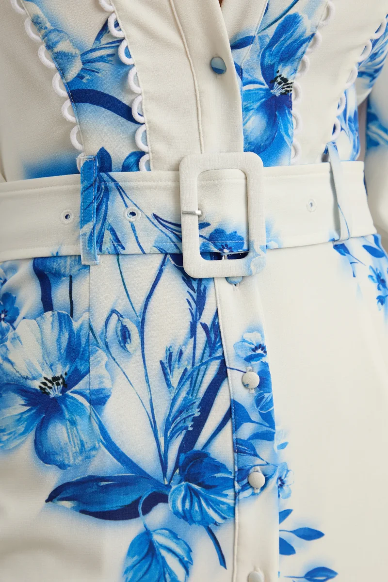 Zephy | Vestido Midi Azul De Estampado Floral Con Cinturón - Imagen 7