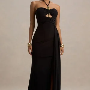 Mohito | Vestido negro largo con escote halter y aberturas