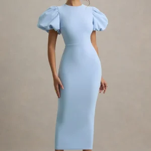 Dakota | Vestido Midi de Manga Abullonada en Azul bebé