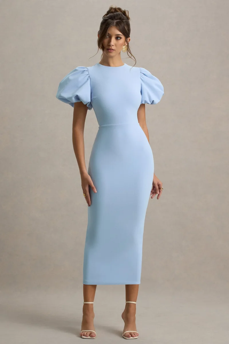 Dakota | Vestido Midi de Manga Abullonada en Azul bebé - Imagen 2