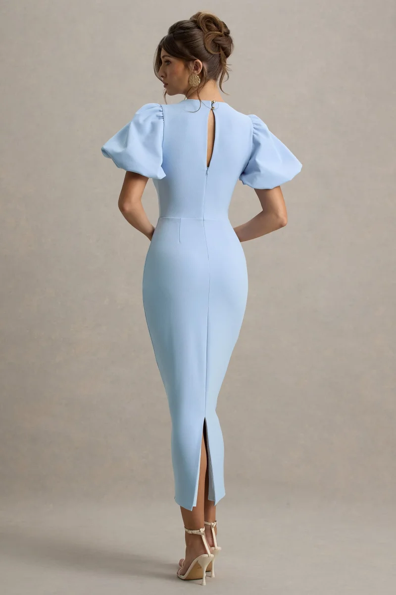 Dakota | Vestido Midi de Manga Abullonada en Azul bebé - Imagen 3