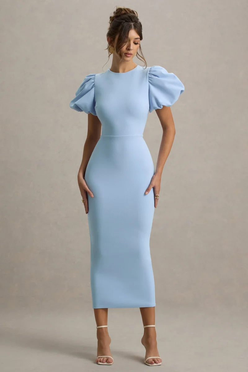 Dakota | Vestido Midi de Manga Abullonada en Azul bebé - Imagen 5