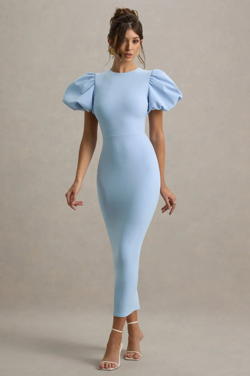Dakota | Vestido Midi de Manga Abullonada en Azul bebé - Imagen 6