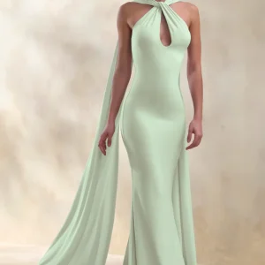 Rhoda | Vestido Largo Verde Menta Con Escote Halter Retorcido Y Detalle De Banda