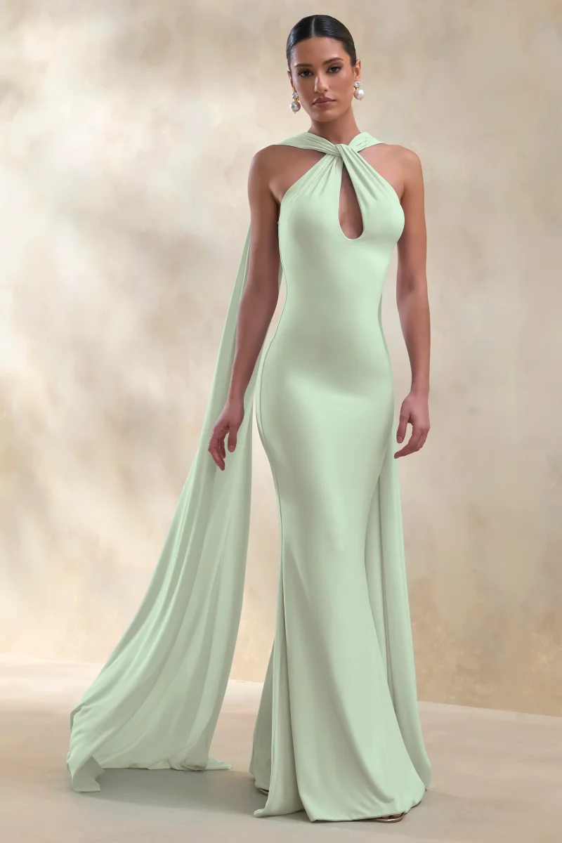 Rhoda | Vestido Largo Verde Menta Con Escote Halter Retorcido Y Detalle De Banda