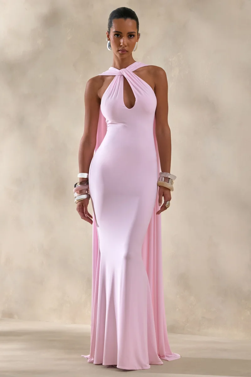 Rhoda | Vestido Largo Rosa Claro Con Escote Halter Retorcido Y Abertura Keyhole