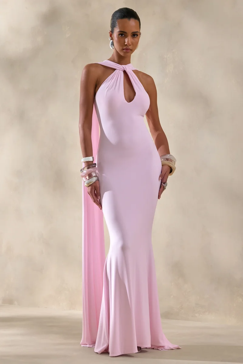 Rhoda | Vestido Largo Rosa Claro Con Escote Halter Retorcido Y Abertura Keyhole - Imagen 6