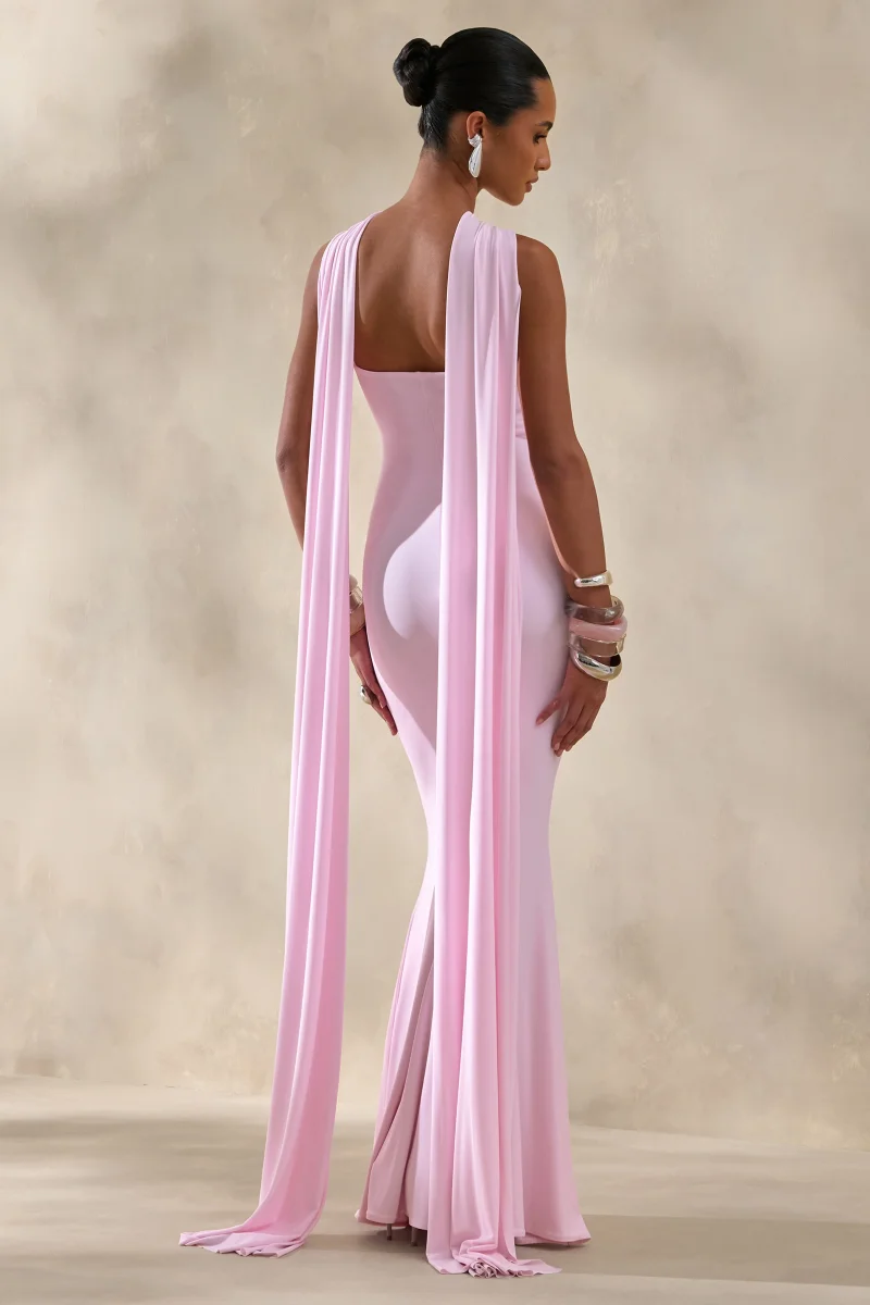 Rhoda | Vestido Largo Rosa Claro Con Escote Halter Retorcido Y Abertura Keyhole - Imagen 3