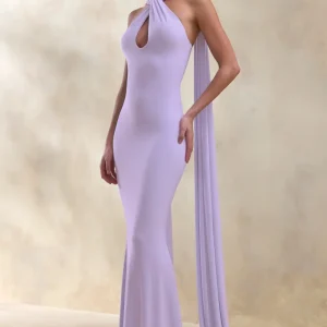 Rhoda | Vestido Largo Lila De Jersey Elástico Con Escote Halter Retorcido Y Abertura Keyhole