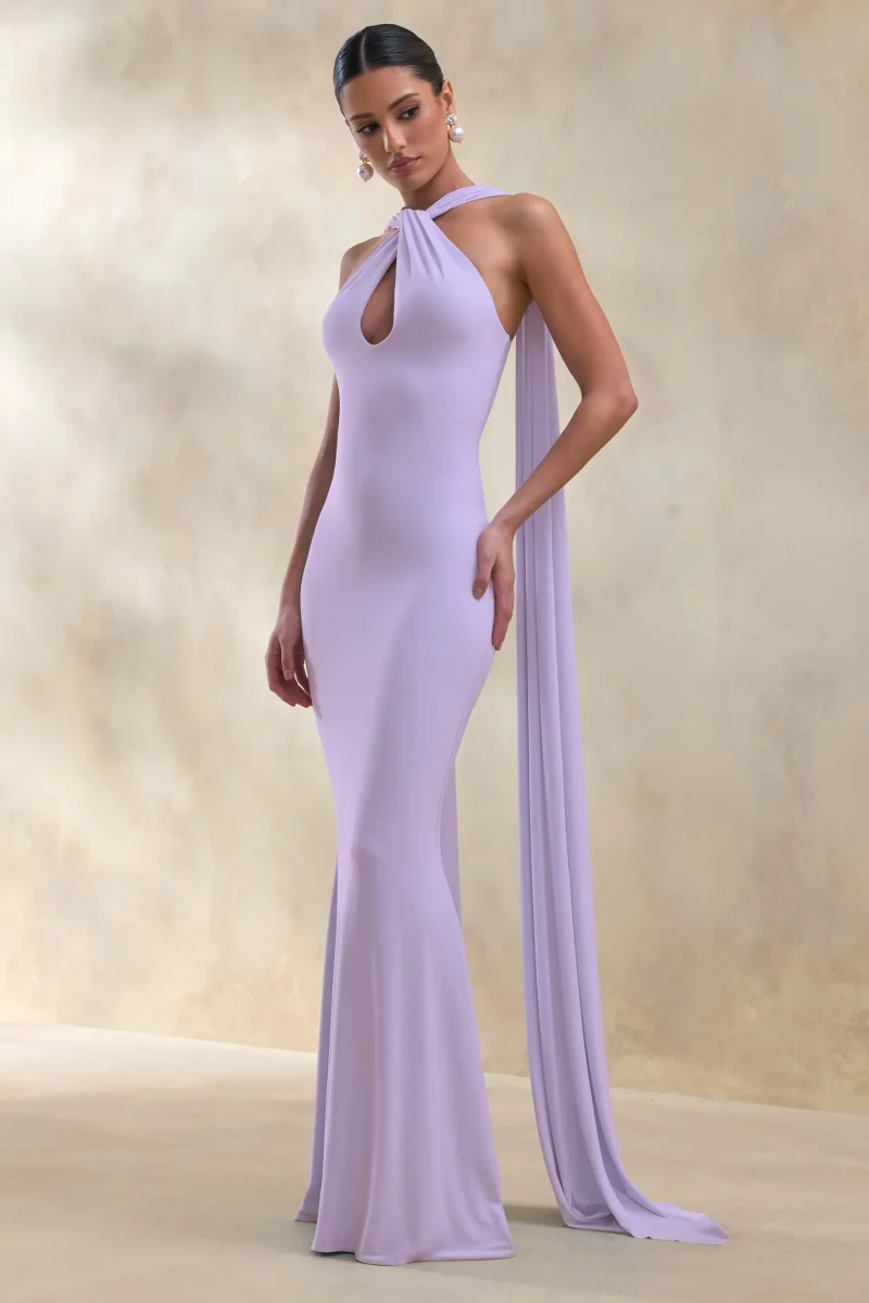 Rhoda | Vestido Largo Lila De Jersey Elástico Con Escote Halter Retorcido Y Abertura Keyhole