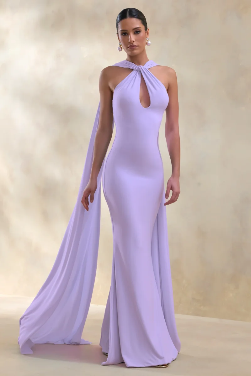 Rhoda | Vestido Largo Lila De Jersey Elástico Con Escote Halter Retorcido Y Abertura Keyhole - Imagen 6
