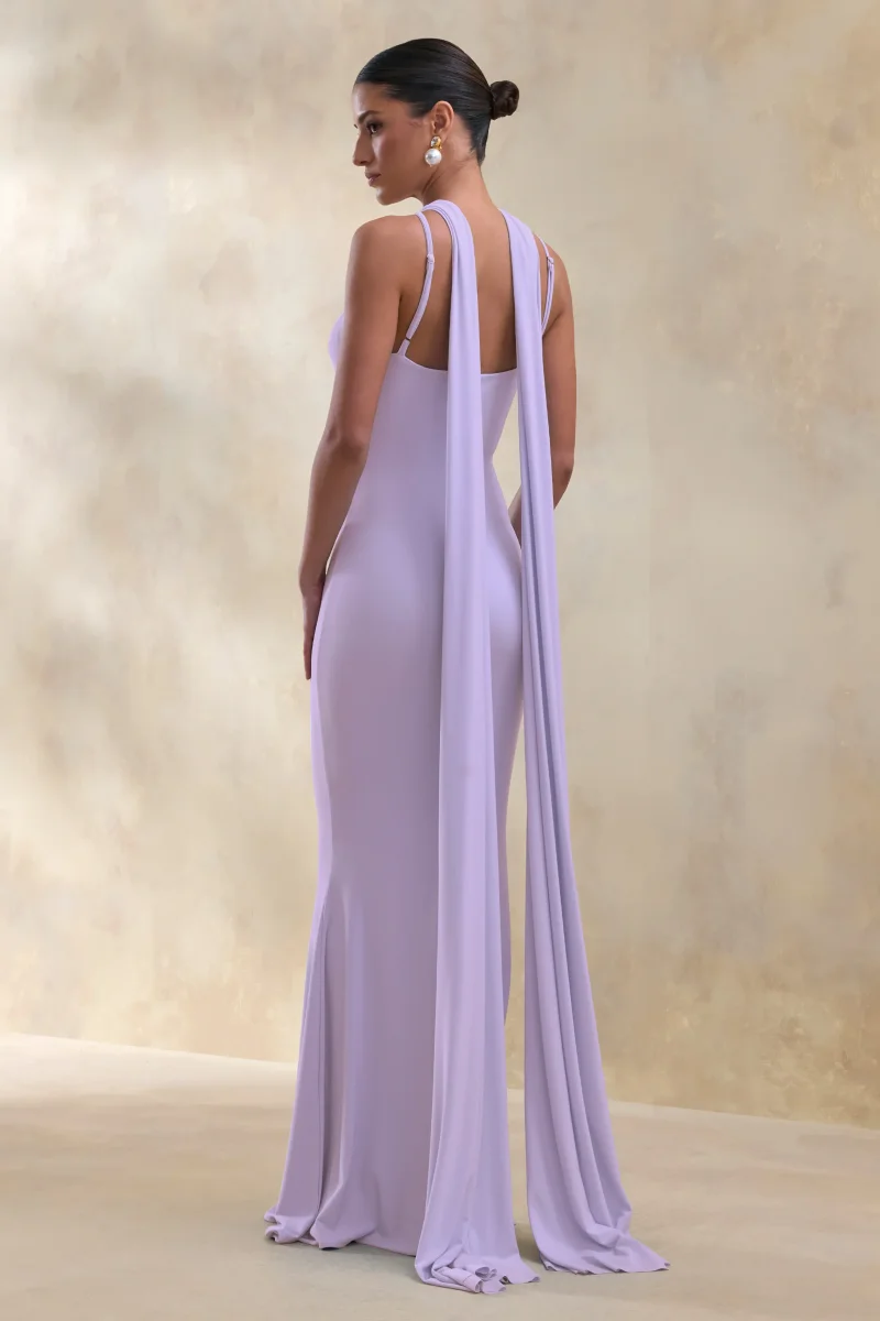 Rhoda | Vestido Largo Lila De Jersey Elástico Con Escote Halter Retorcido Y Abertura Keyhole - Imagen 3