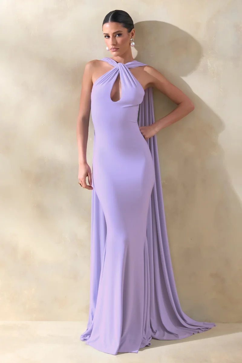 Rhoda | Vestido Largo Lila De Jersey Elástico Con Escote Halter Retorcido Y Abertura Keyhole - Imagen 5