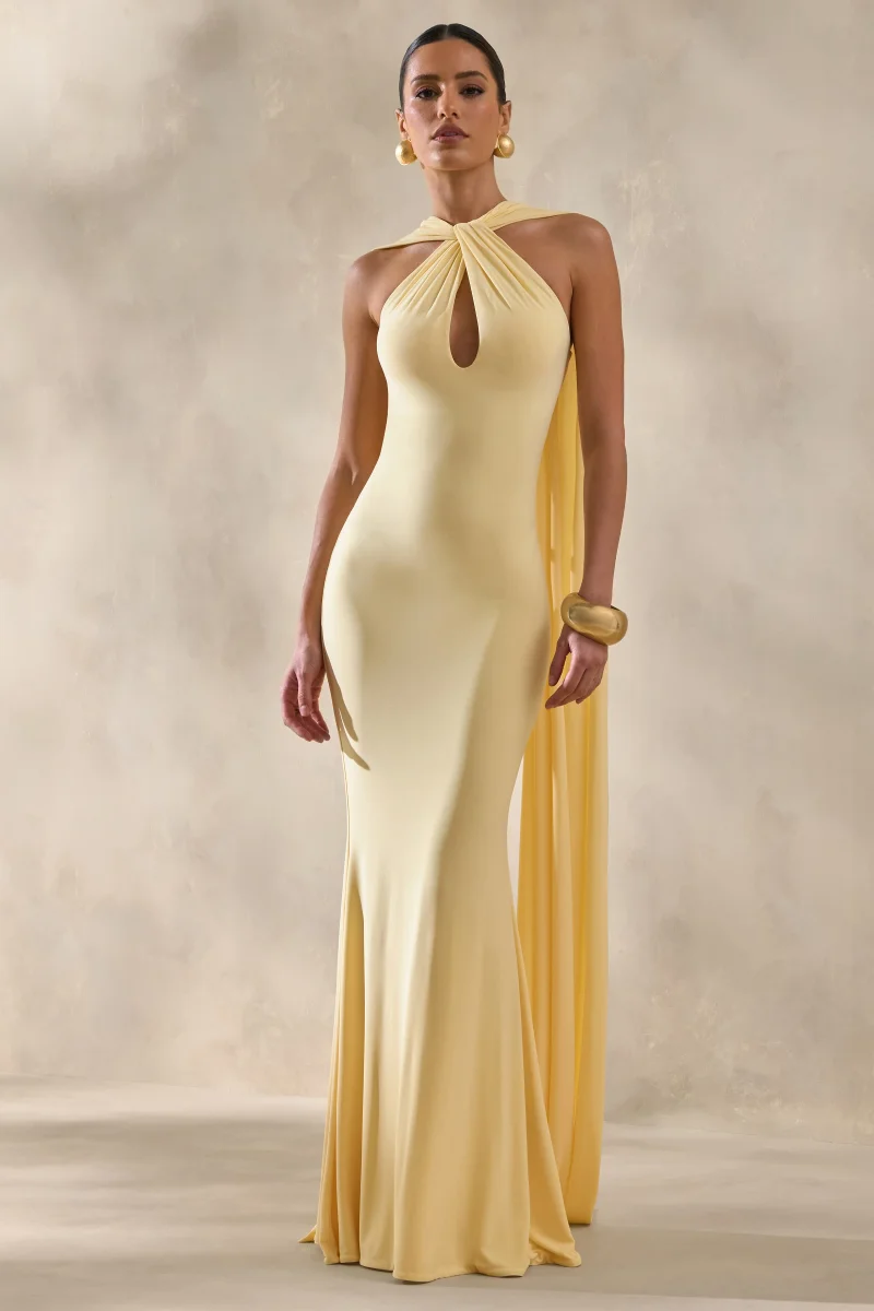 Rhoda | Vestido Largo Limón Con Escote Halter Retorcido Y Abertura Keyholes - Imagen 5