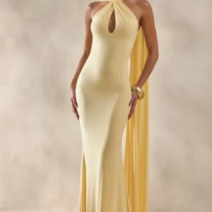 Rhoda | Vestido Largo Limón Con Escote Halter Retorcido Y Abertura Keyholes