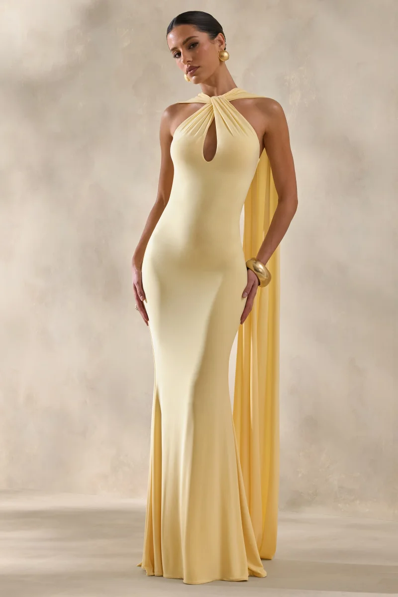 Rhoda | Vestido Largo Limón Con Escote Halter Retorcido Y Abertura Keyholes
