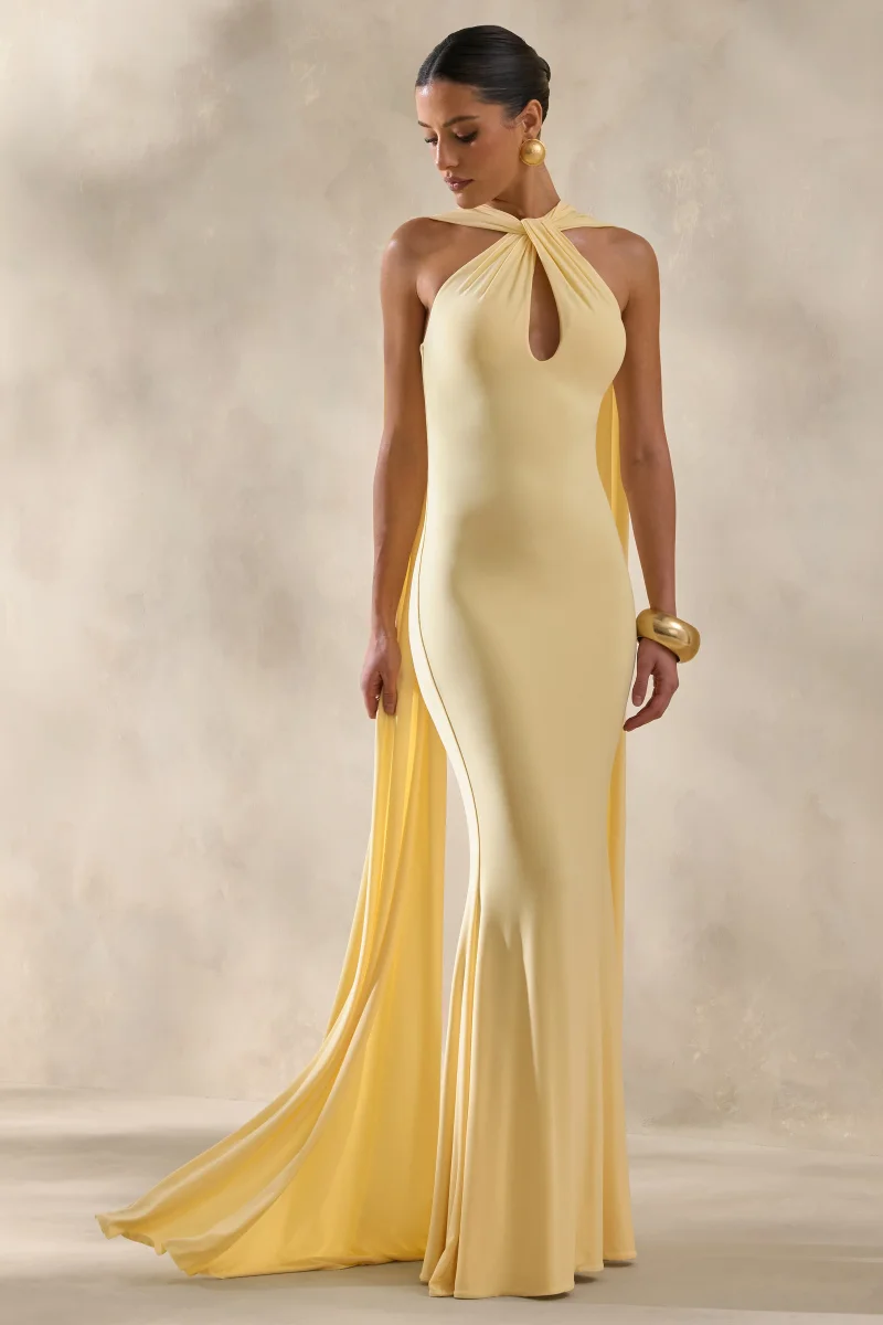 Rhoda | Vestido Largo Limón Con Escote Halter Retorcido Y Abertura Keyholes - Imagen 6